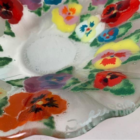 Andra DuRee Signed Fused Glass Dish Plate & Ruffled Bowl Floral Serving Set 1999 - Picture 8 of 13